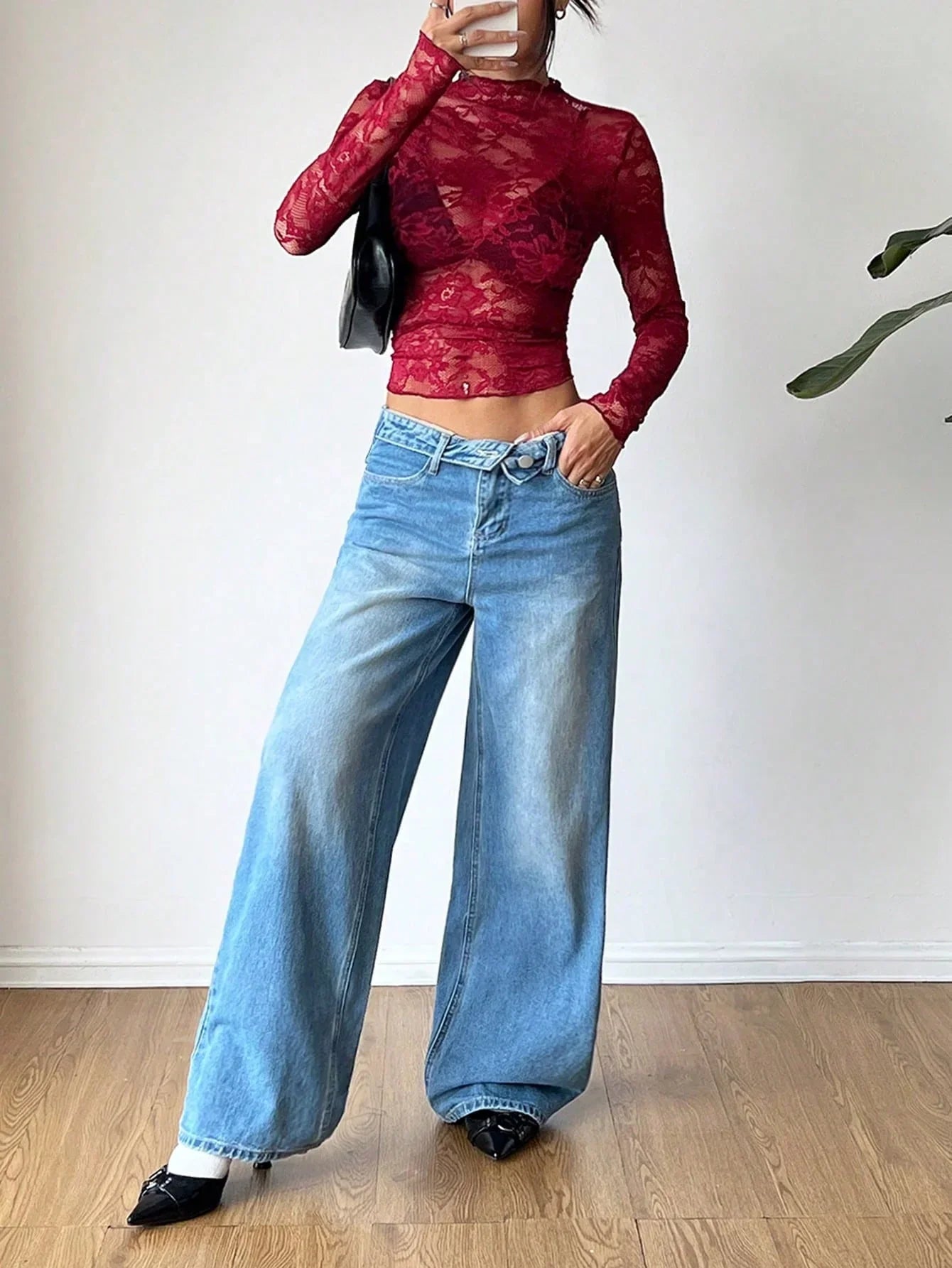 Damen Top | Transparent mit Stehkragen und langen Ärmeln