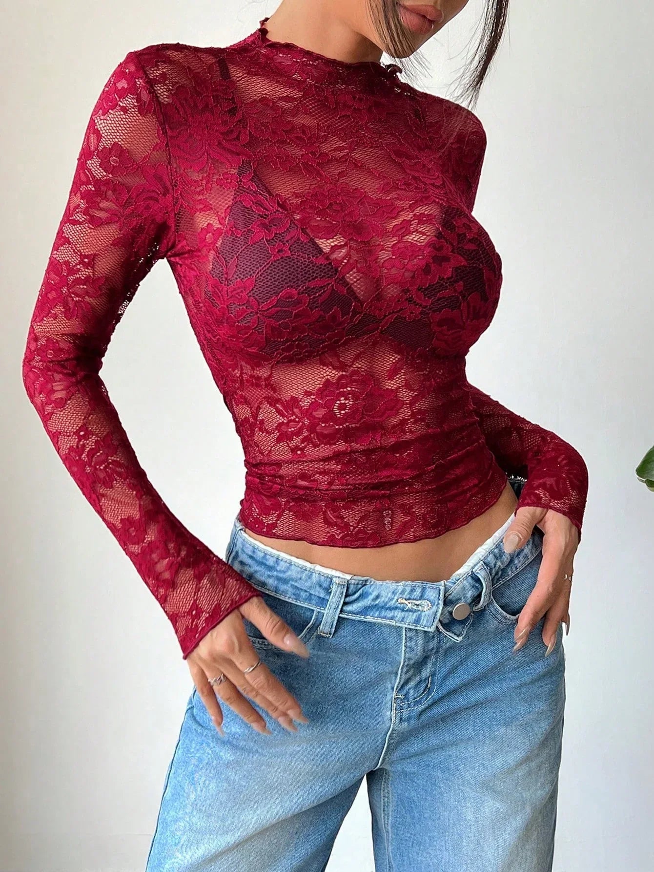 Damen Top | Transparent mit Stehkragen und langen Ärmeln