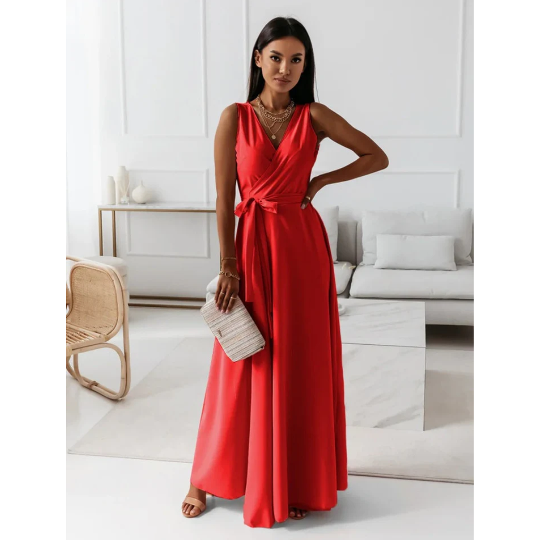 Damen Kleid | bodenlange Wickeloptik mit V-Ausschnitt