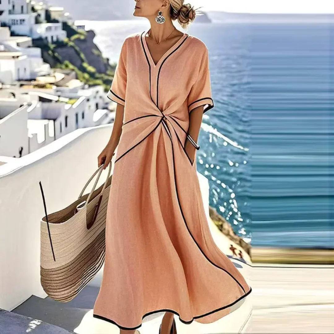 Damen Kleid | Lang geschnitten mit V-Ausschnitt und Taillenknoten