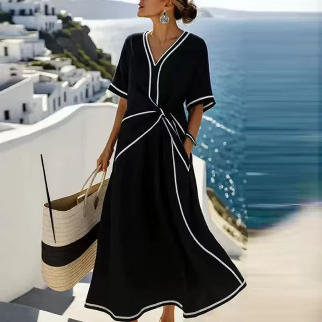 Damen Kleid | Lang geschnitten mit V-Ausschnitt und Taillenknoten