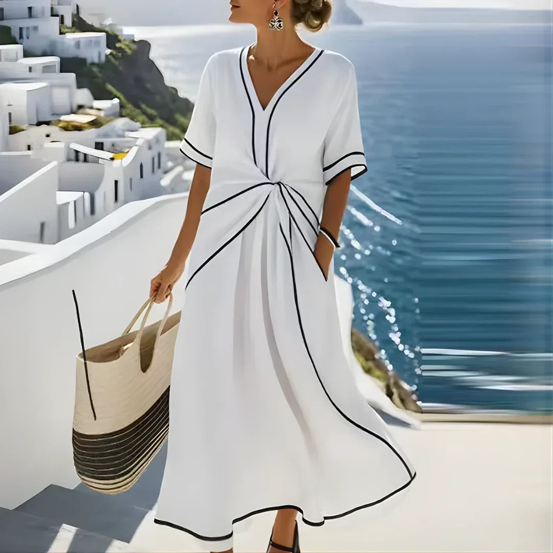 Damen Kleid | Lang geschnitten mit V-Ausschnitt und Taillenknoten