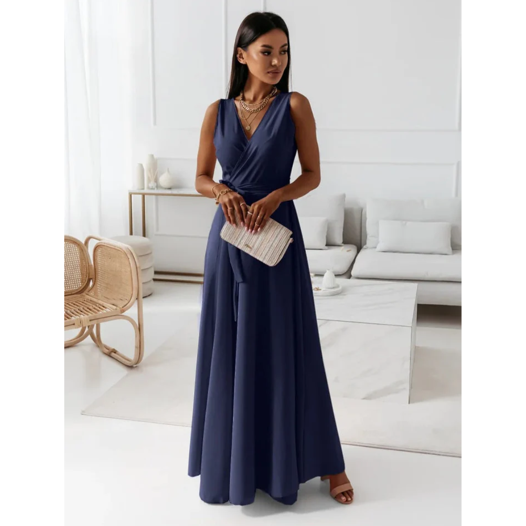 Damen Kleid | bodenlange Wickeloptik mit V-Ausschnitt