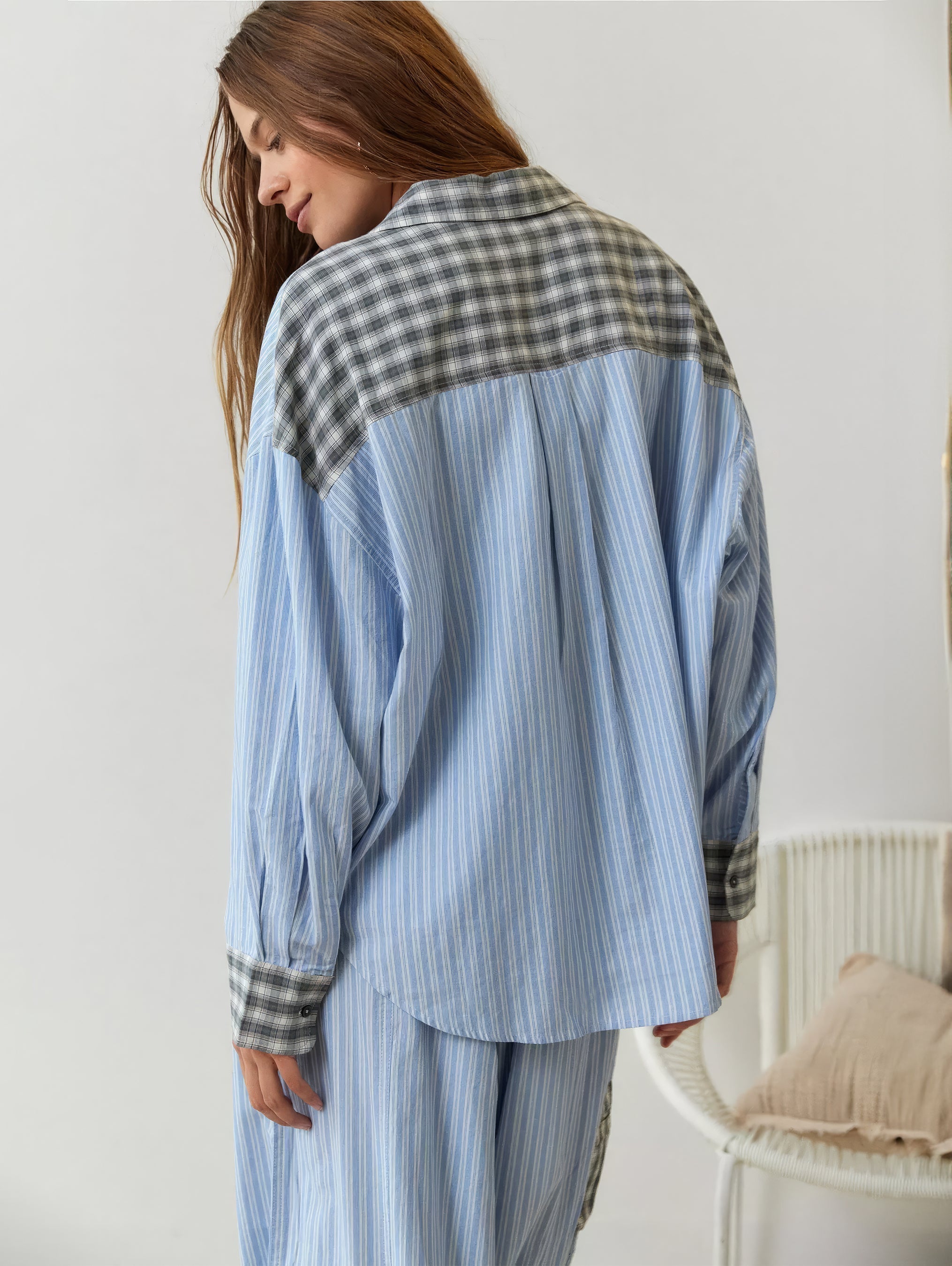 Damen Pyjama Set | Hemdoberteil mit Knopfleiste und langer Hose