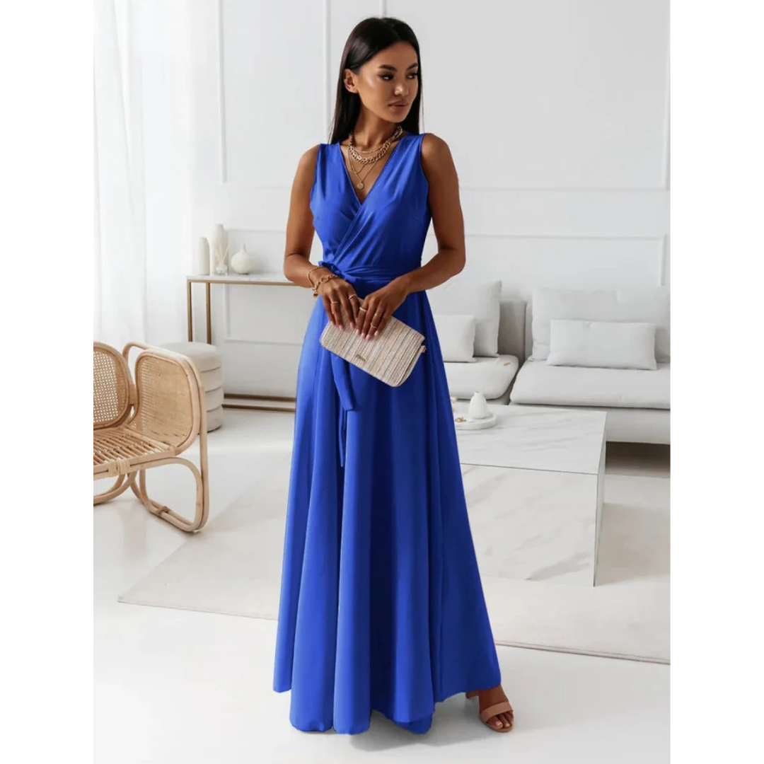 Damen Kleid | bodenlange Wickeloptik mit V-Ausschnitt