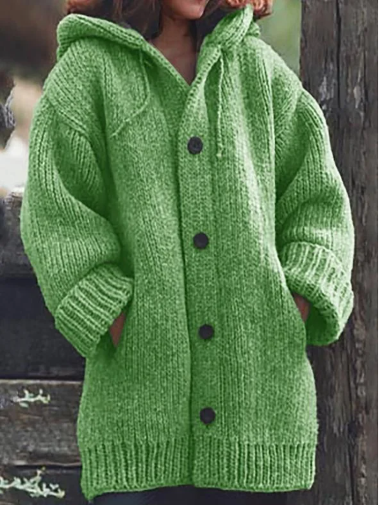 Damen Strickjacke | Lange Kapuzenausführung mit Knopfleiste