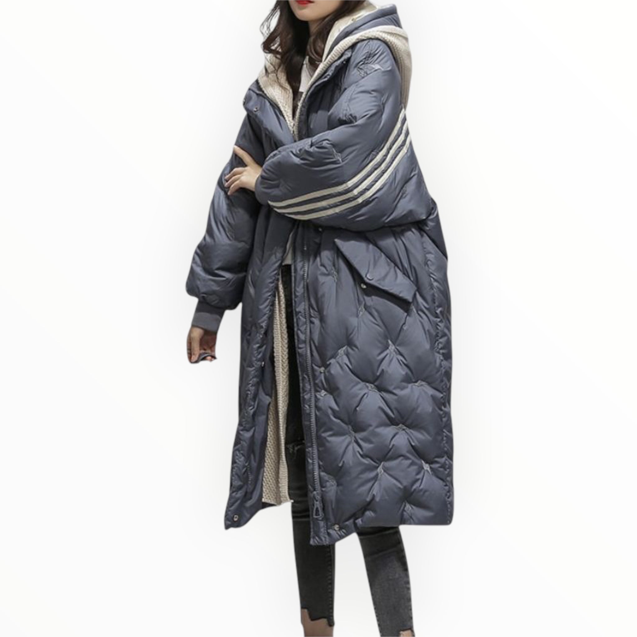 Damen Pufferjacke in Blau, seitliche Ansicht, lange Silhouette