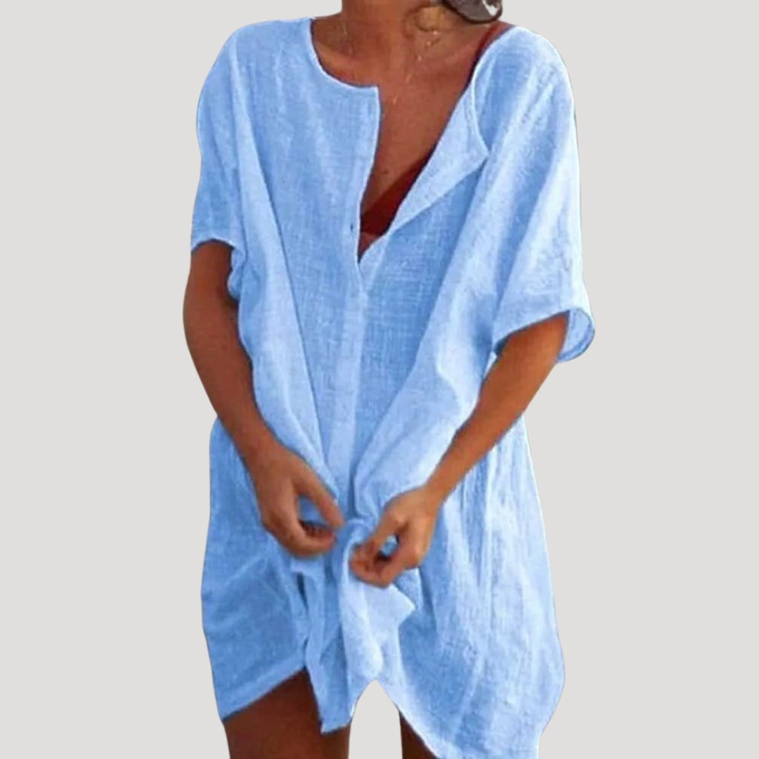 Damen Tunika Kleid | kurzarm mit V-Ausschnitt locker