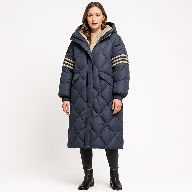 Damen Pufferjacke in Dunkelblau, lange Form, frontale Ansicht