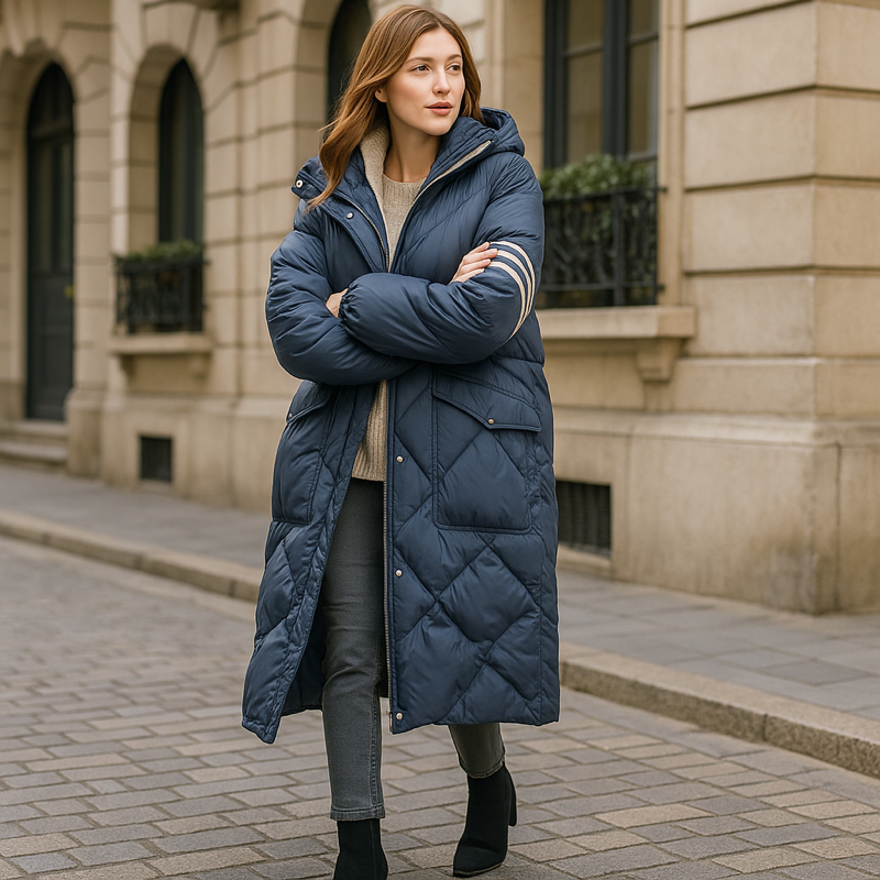 Damen Pufferjacke in Blau, getragen im städtischen Umfeld