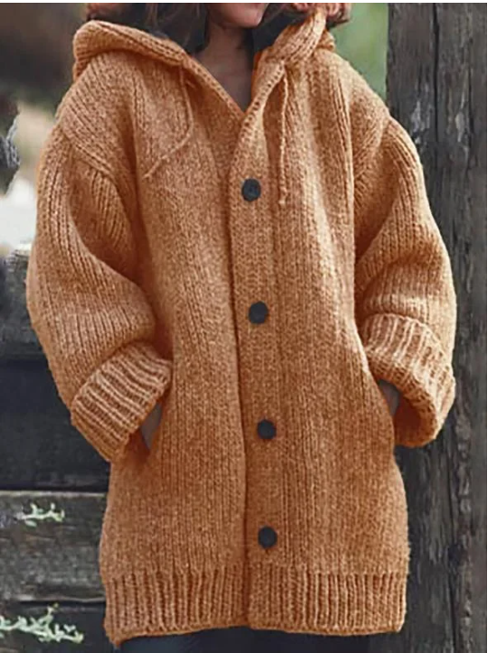 Damen Strickjacke | Lange Kapuzenausführung mit Knopfleiste
