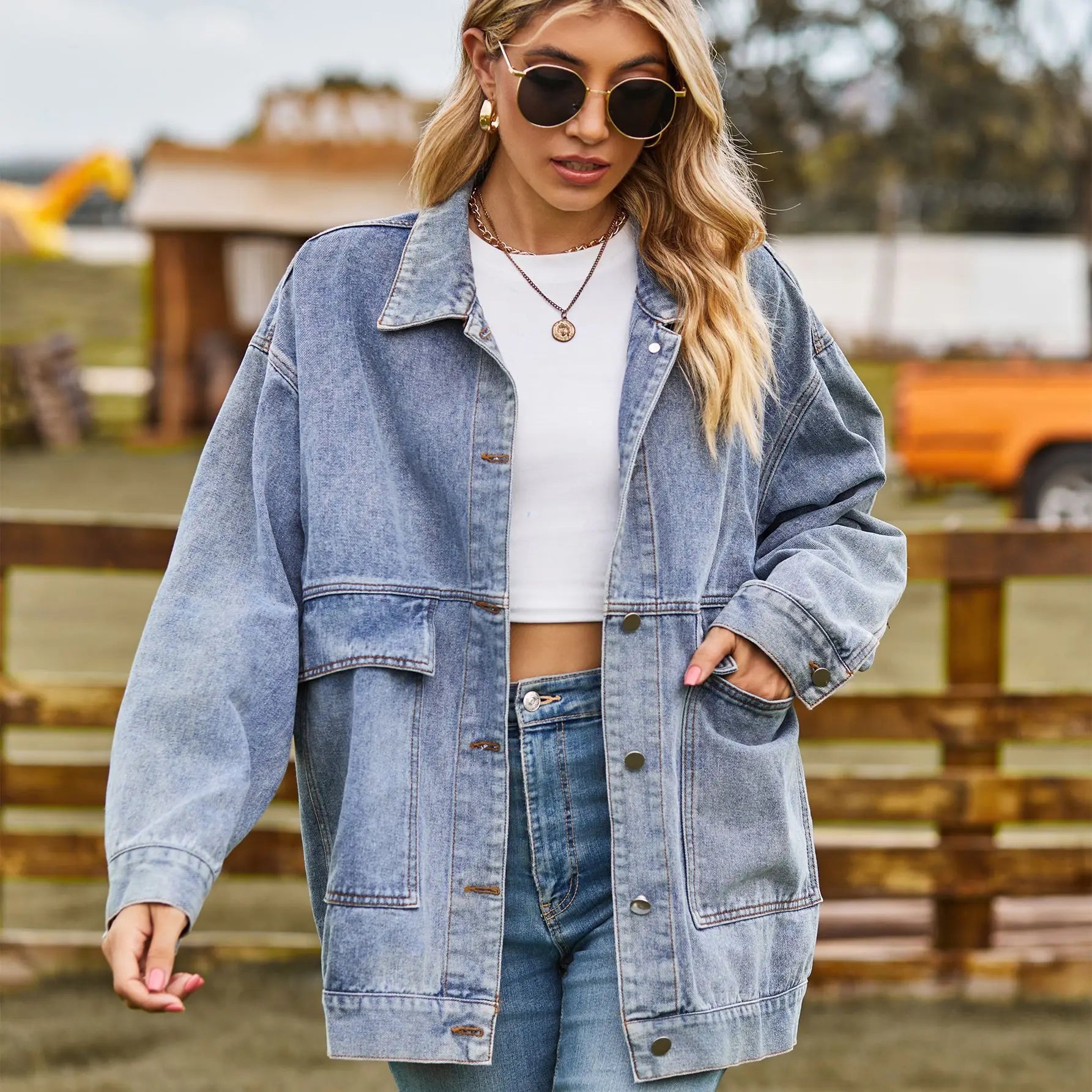 Damen Jacke | Weite Passform mit Knopfleiste und Taschen
