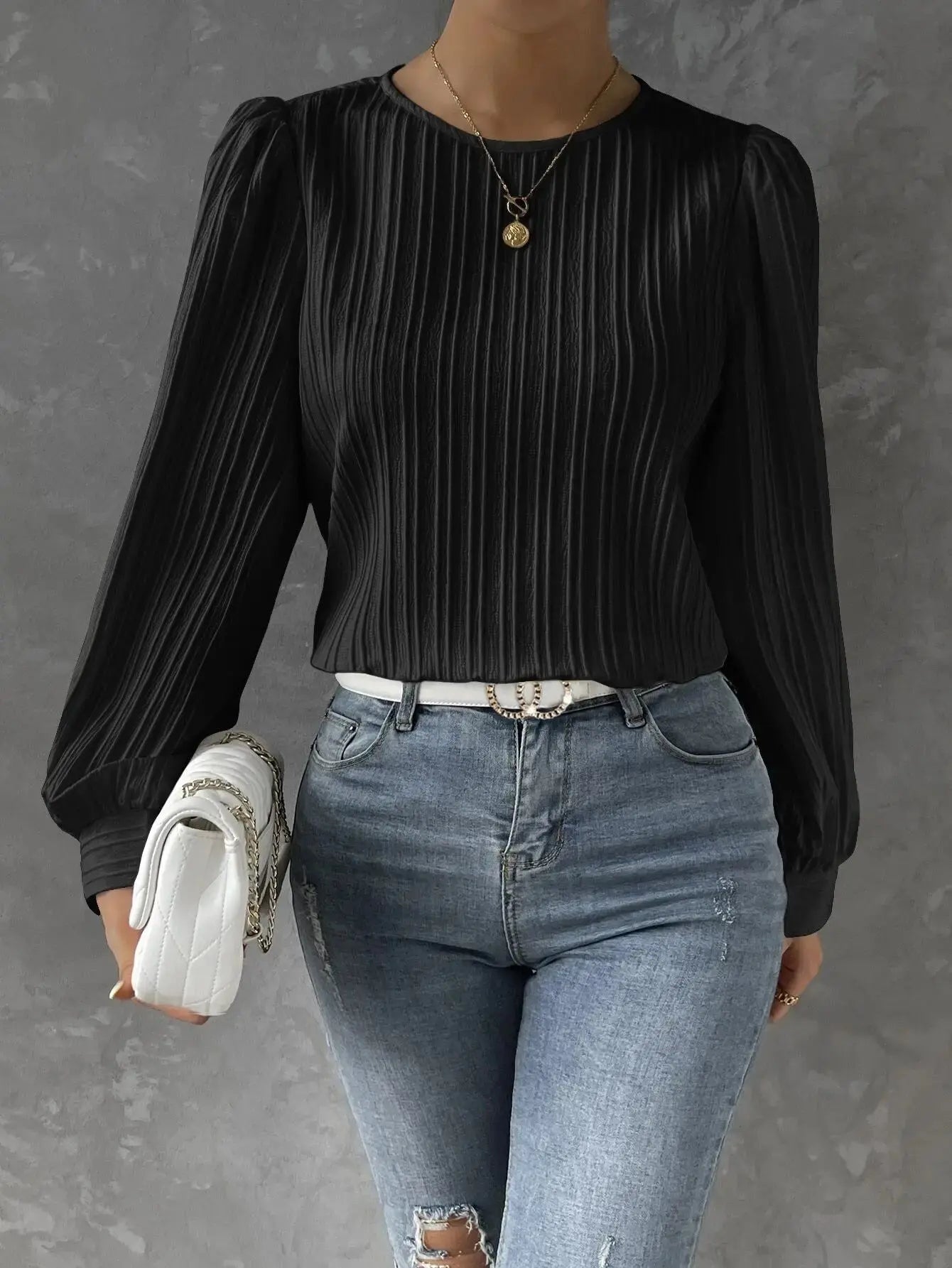 Bluse Damen | Rundhals mit Faltenstruktur
