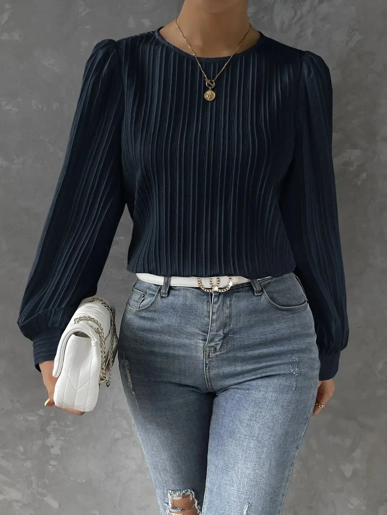 Bluse Damen | Rundhals mit Faltenstruktur