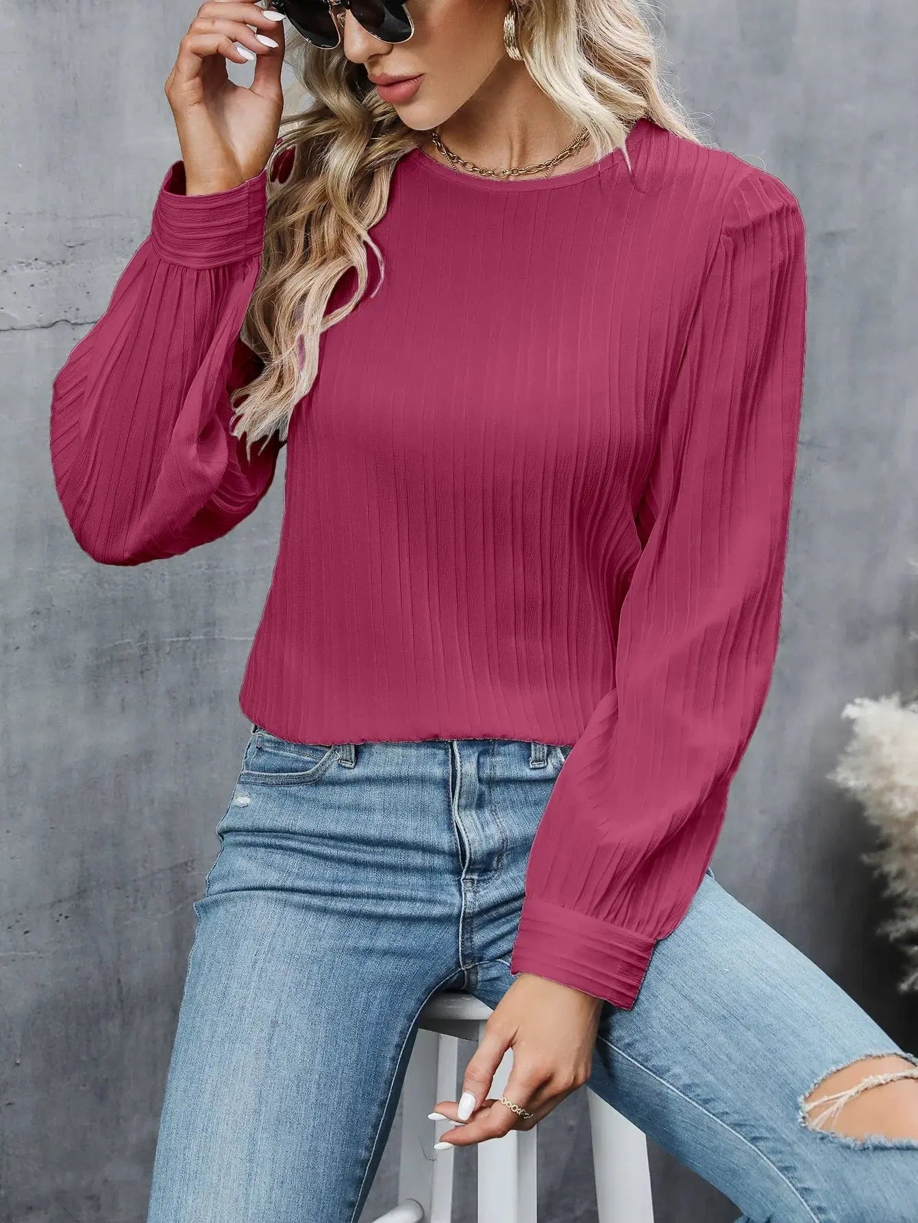 Bluse Damen | Rundhals mit Faltenstruktur