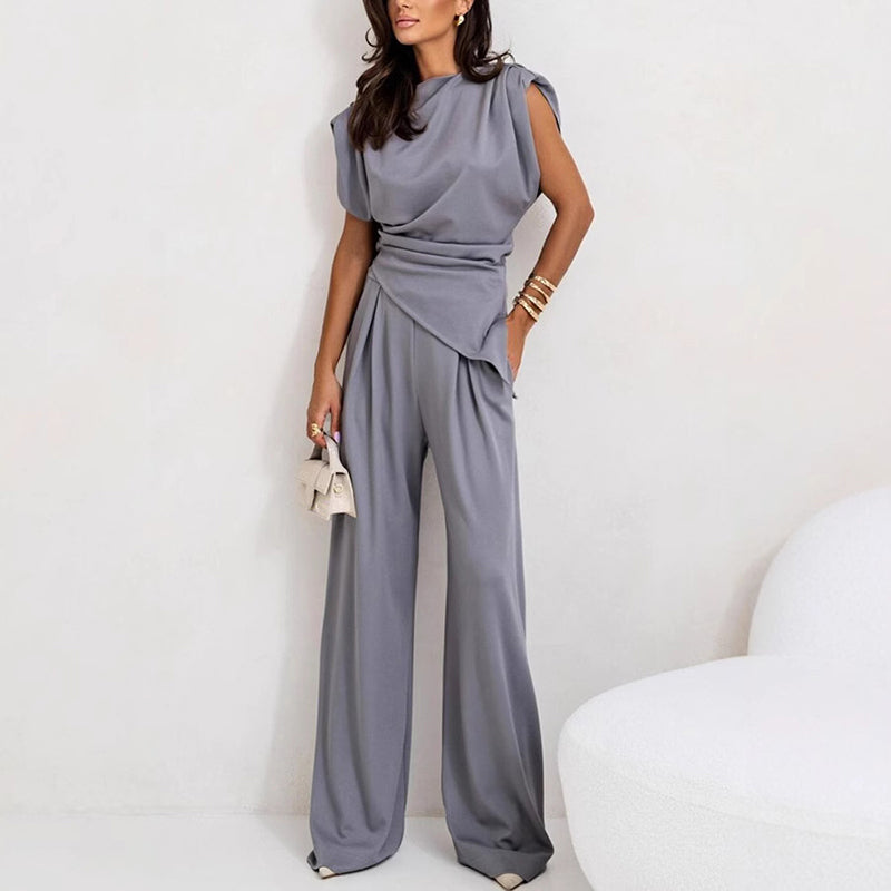Damen Set | Ärmelloses Oberteil mit weiter Hose und Drapierung