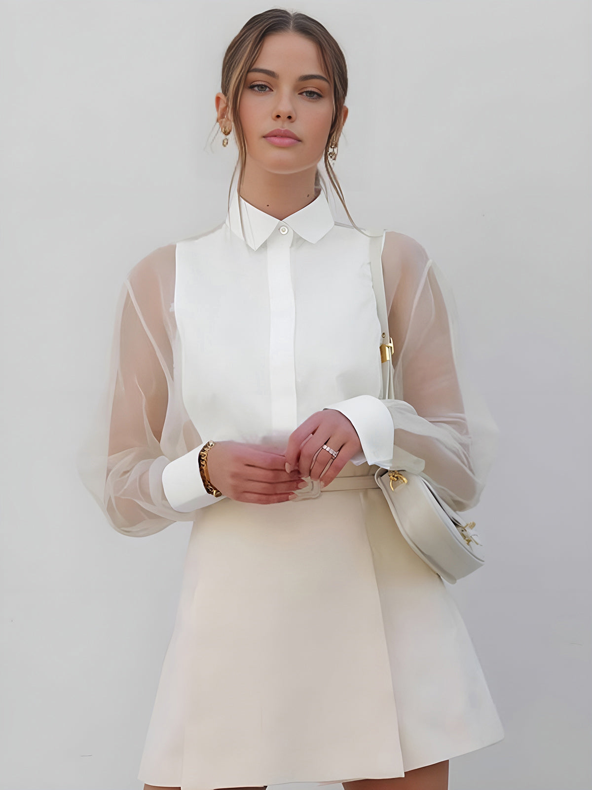 Bluse Damen | Kragen mit transparenten Ärmeln