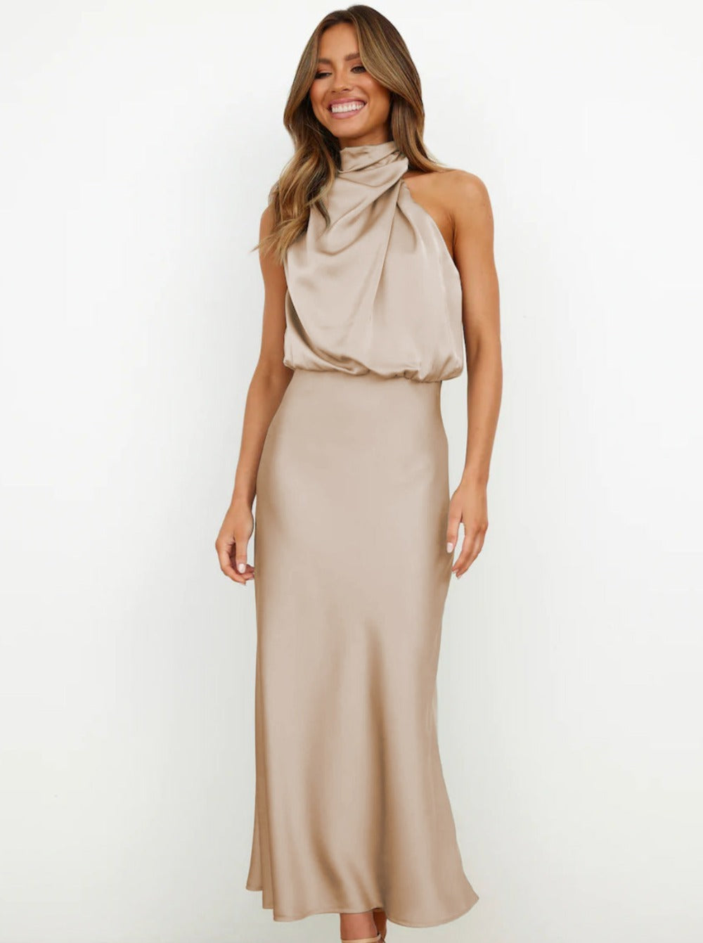 Maxikleid Damen | Halterform mit gerafftem Oberteil