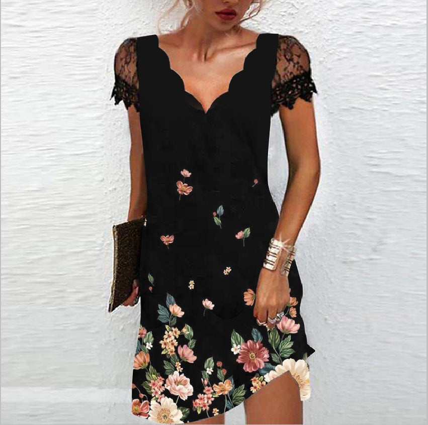 Kleid Damen | V-Ausschnitt mit Spitzenärmeln