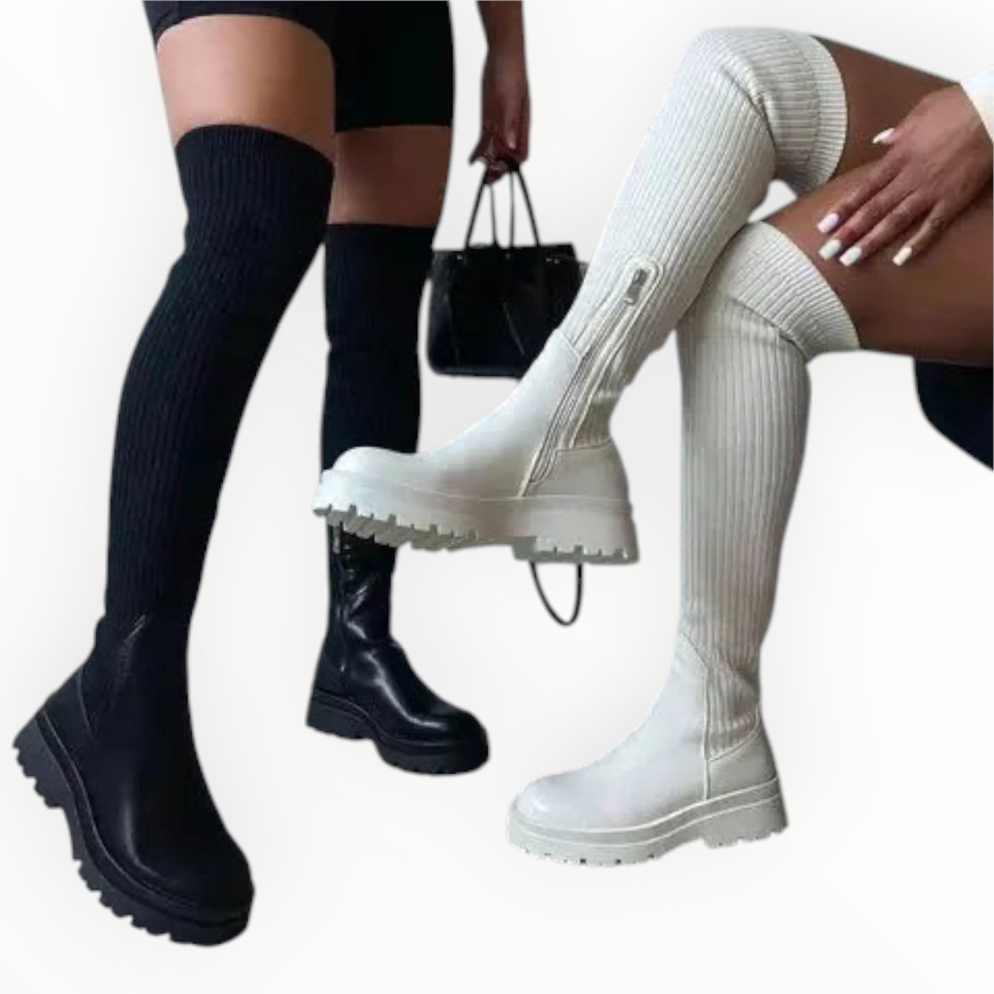 Damen Stretch-Stiefel in Schwarz und Beige, Detailaufnahme des flexiblen Schafts