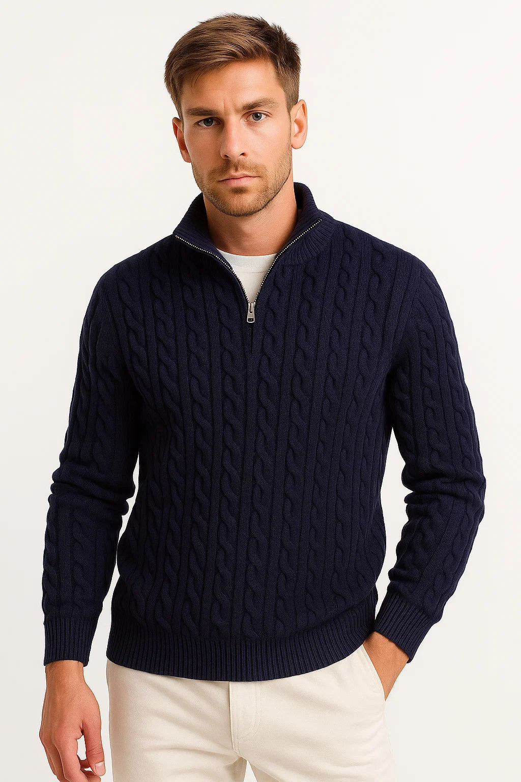Herren Strickpullover | Kabelstruktur mit Reißverschlusskragen