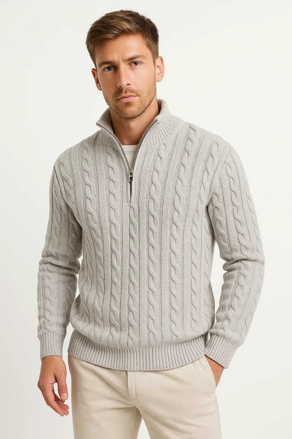 Herren Strickpullover | Kabelstruktur mit Reißverschlusskragen