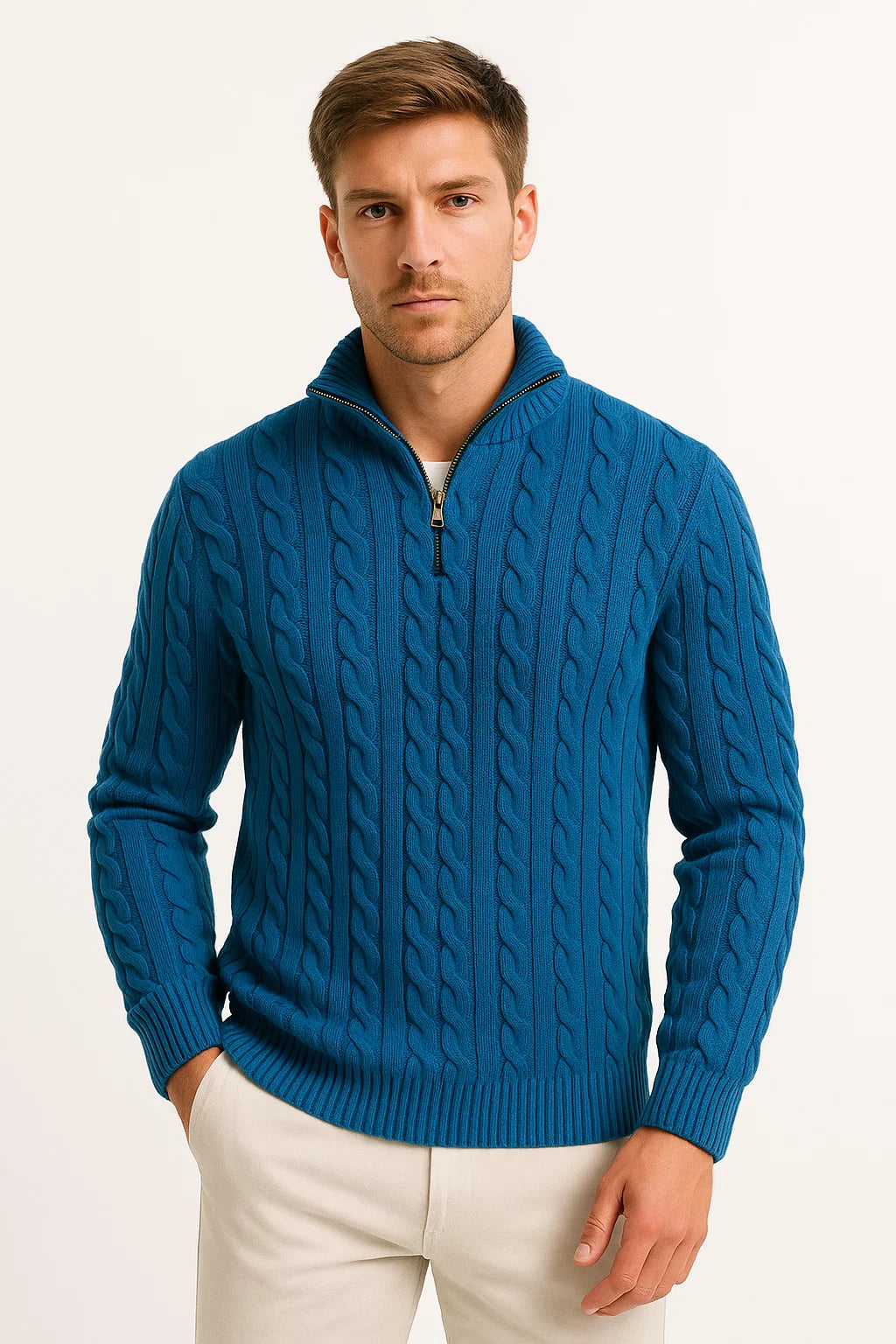 Herren Strickpullover | Kabelstruktur mit Reißverschlusskragen