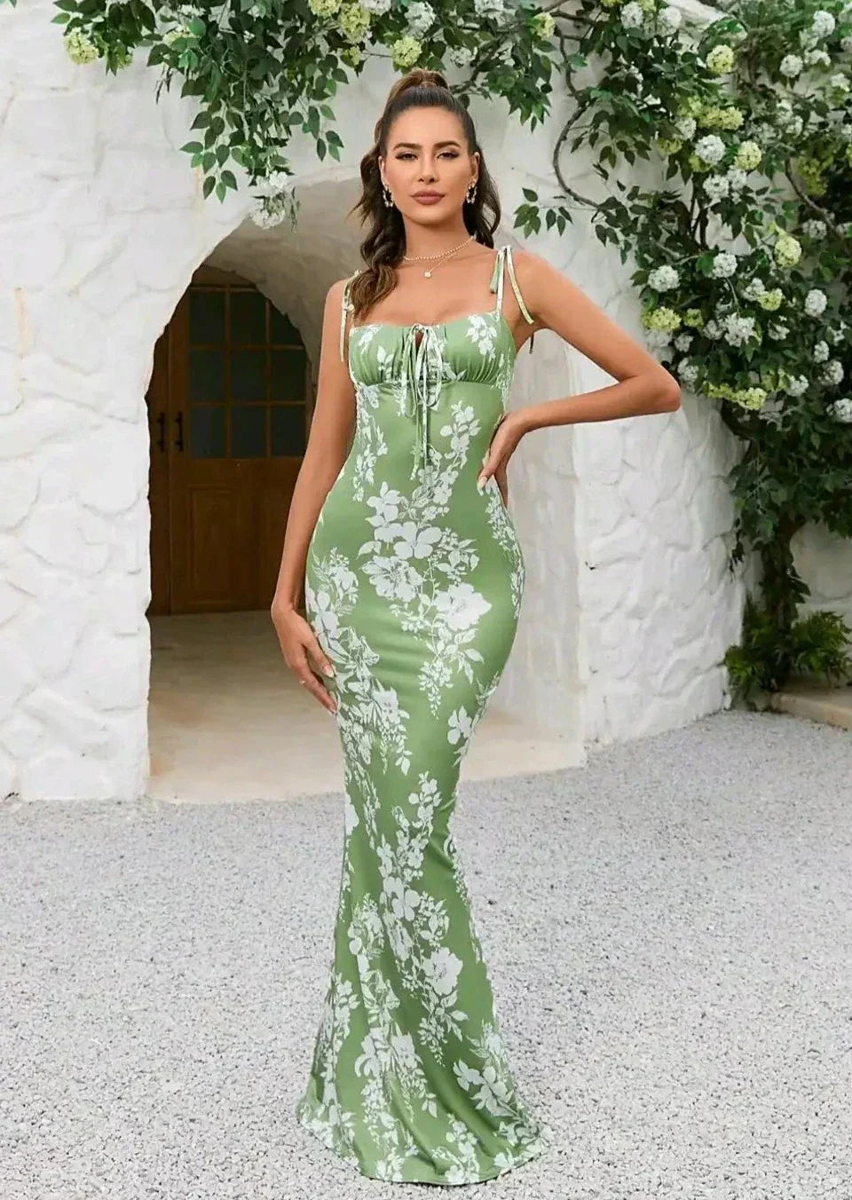 Kleid Damen | Maxikleid mit Schulterbindern und Frontkordel