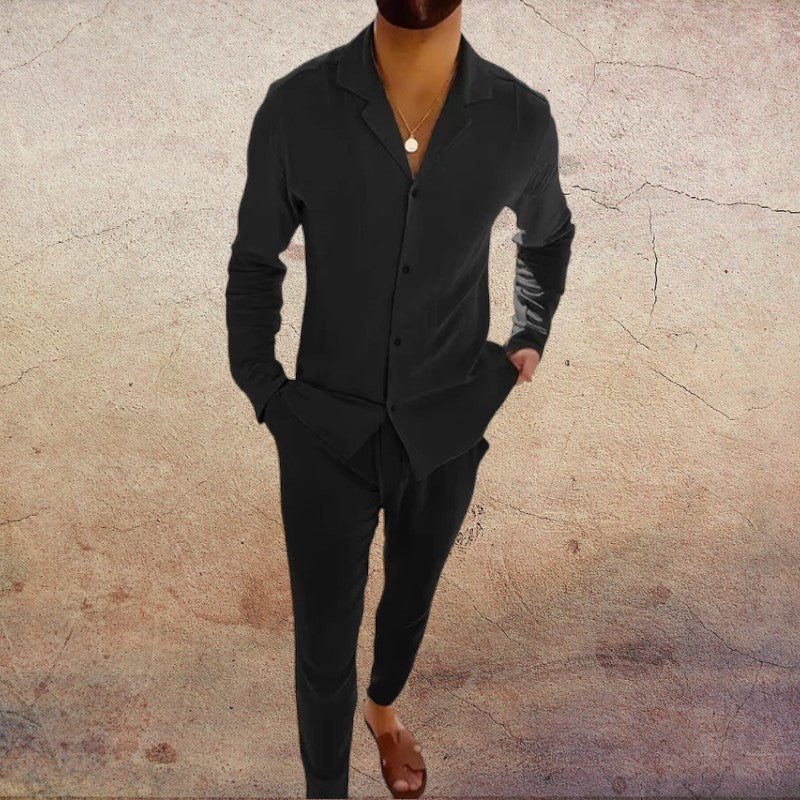 Herren Set | Langarm Hemd mit Knopfleiste und Hose