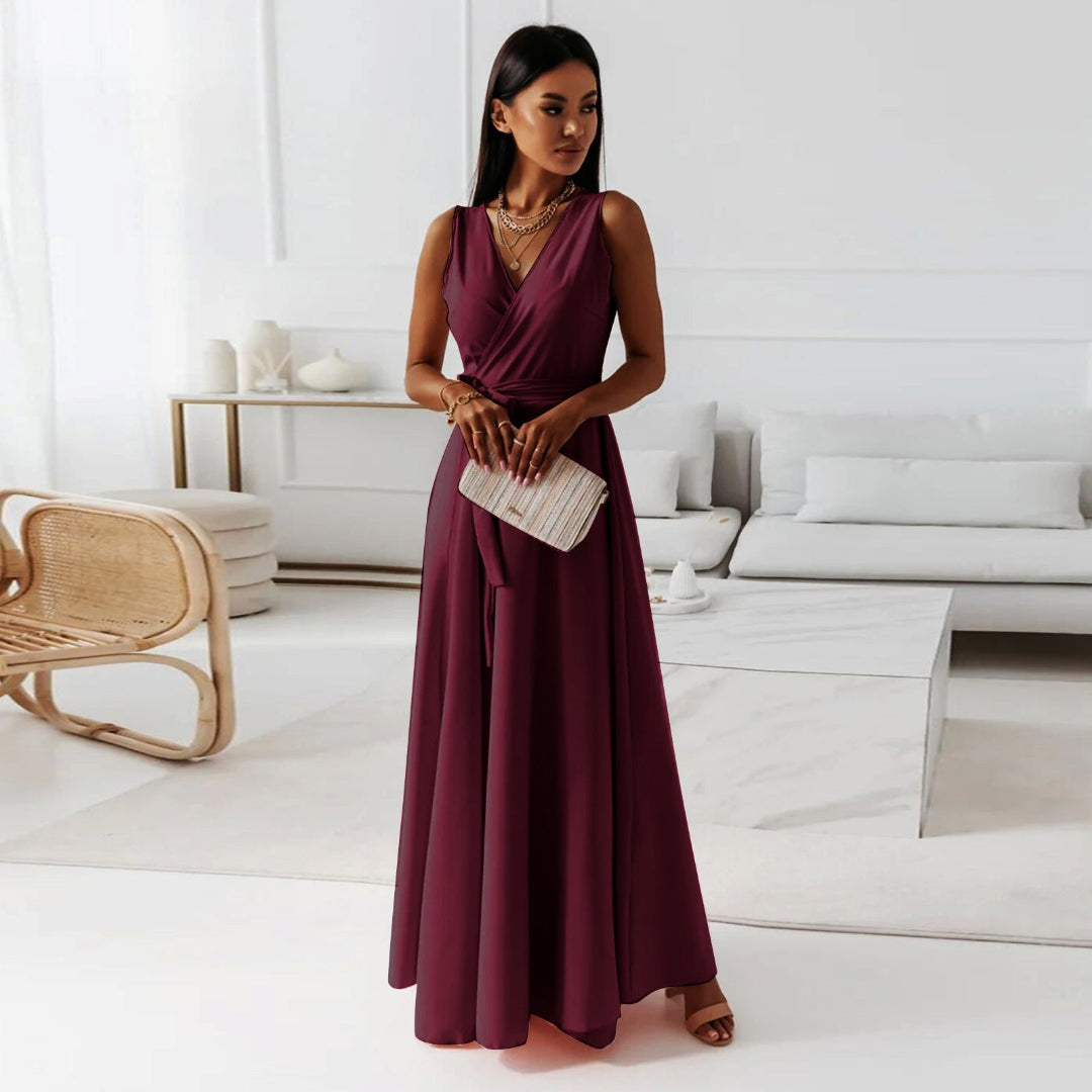 Damen Kleid | bodenlange Wickeloptik mit V-Ausschnitt