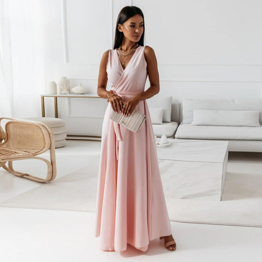 Damen Kleid | bodenlange Wickeloptik mit V-Ausschnitt