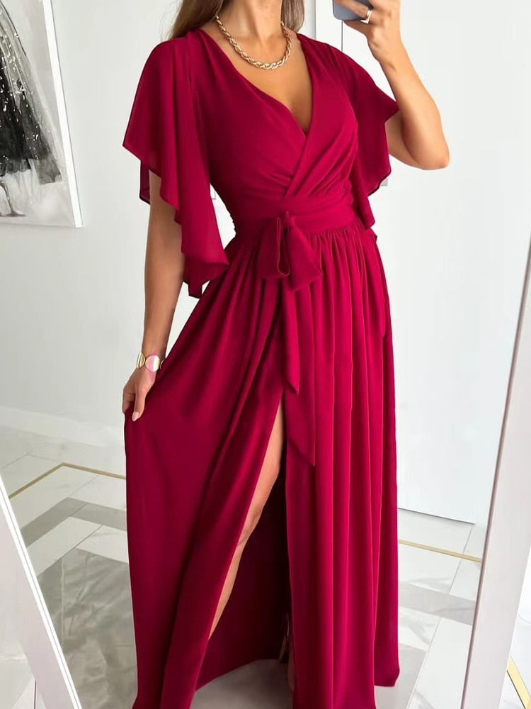 Kleid Damen | V-Ausschnitt mit Taillenband und Schlitz