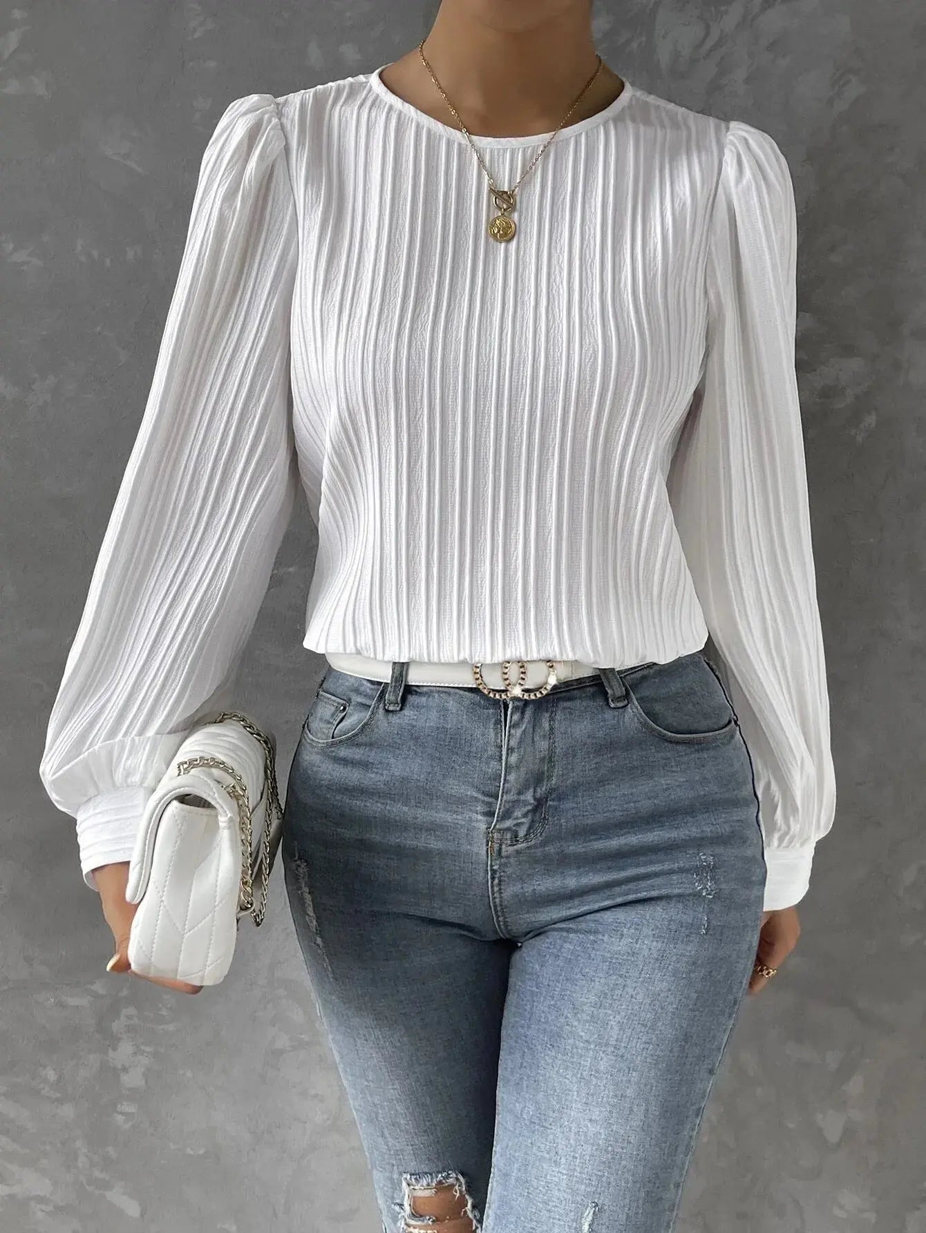 Bluse Damen | Rundhals mit Faltenstruktur