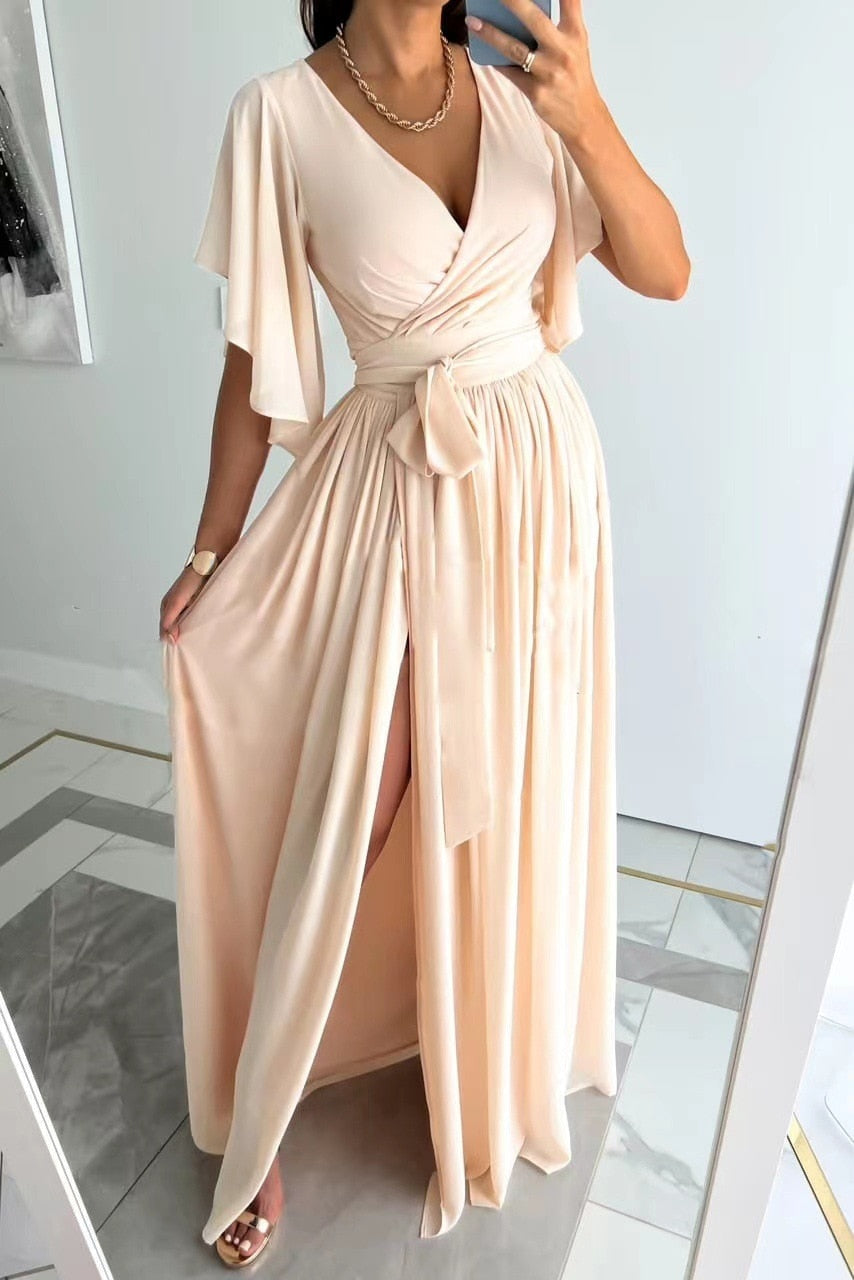 Kleid Damen | V-Ausschnitt mit Taillenband und Schlitz