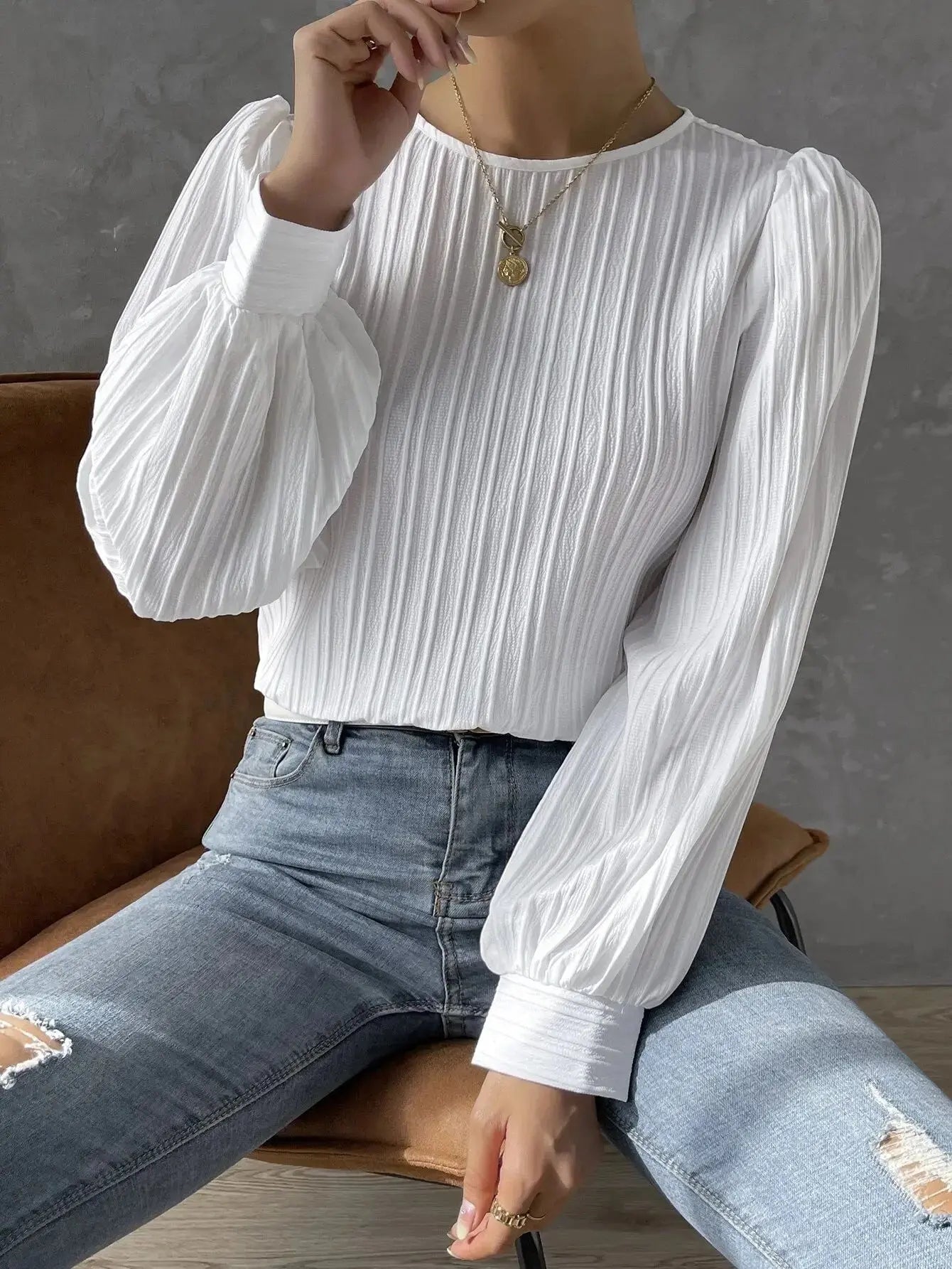 Bluse Damen | Rundhals mit Faltenstruktur