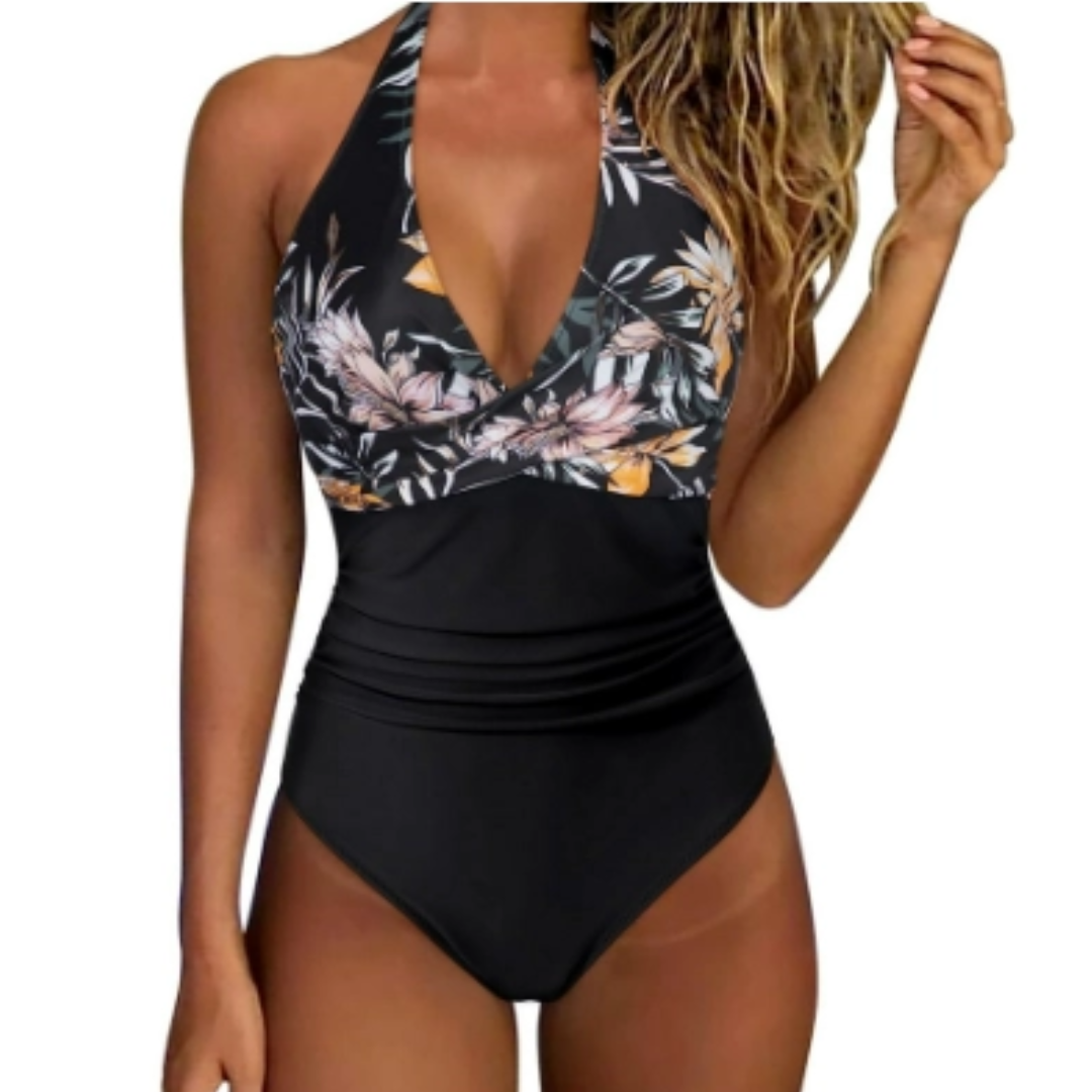 Badeanzug Damen | Einteiler mit Neckholder und V-Ausschnitt