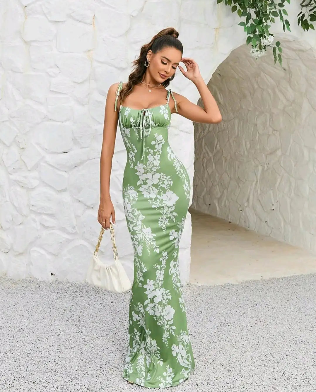 Kleid Damen | Maxikleid mit Schulterbindern und Frontkordel