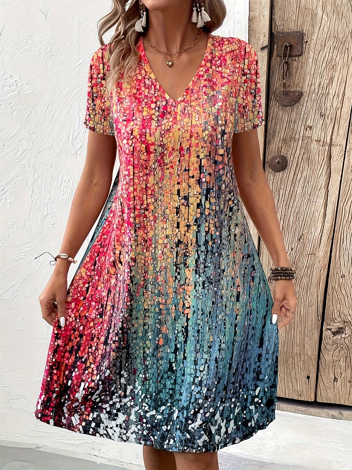 Kleid Damen | V-Ausschnitt mit grafischem Muster
