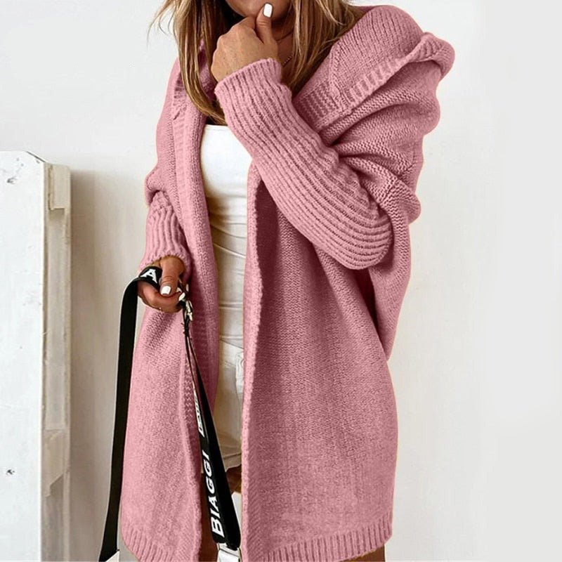 Damen Strickjacke | Kapuze und längere Ausführung