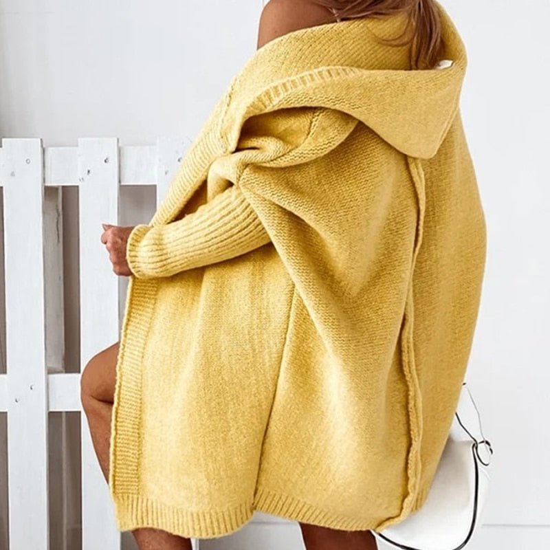 Damen Strickjacke | Kapuze und längere Ausführung