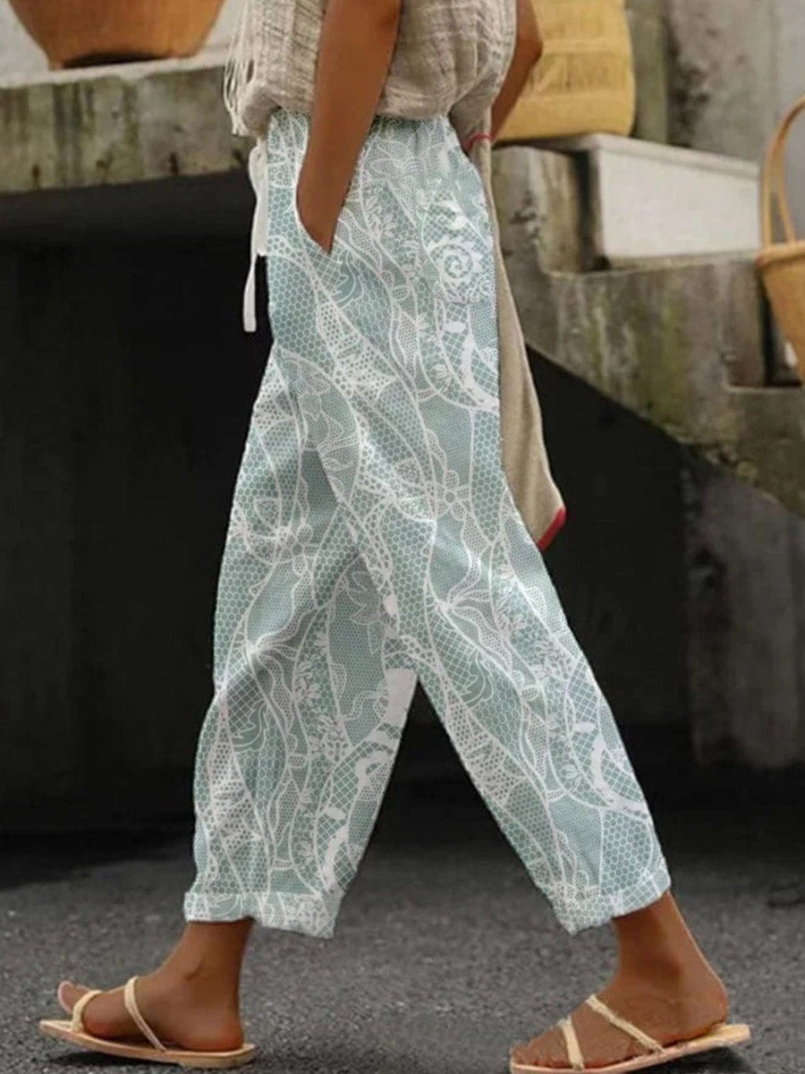 Damen Hose | Weites Bein mit elastischem Bund und Taschen