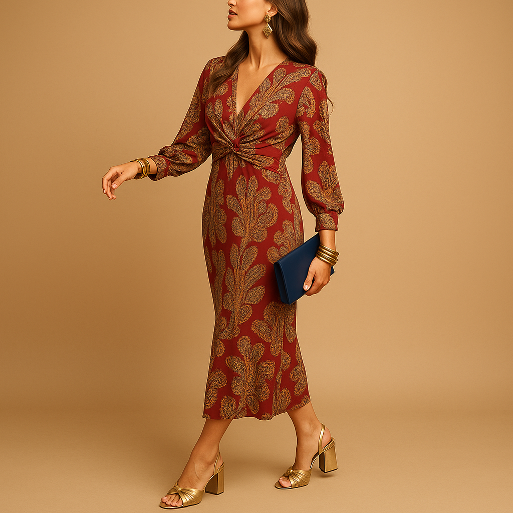 Damen Kleid | V-Ausschnitt mit Langarm und Taillenknoten