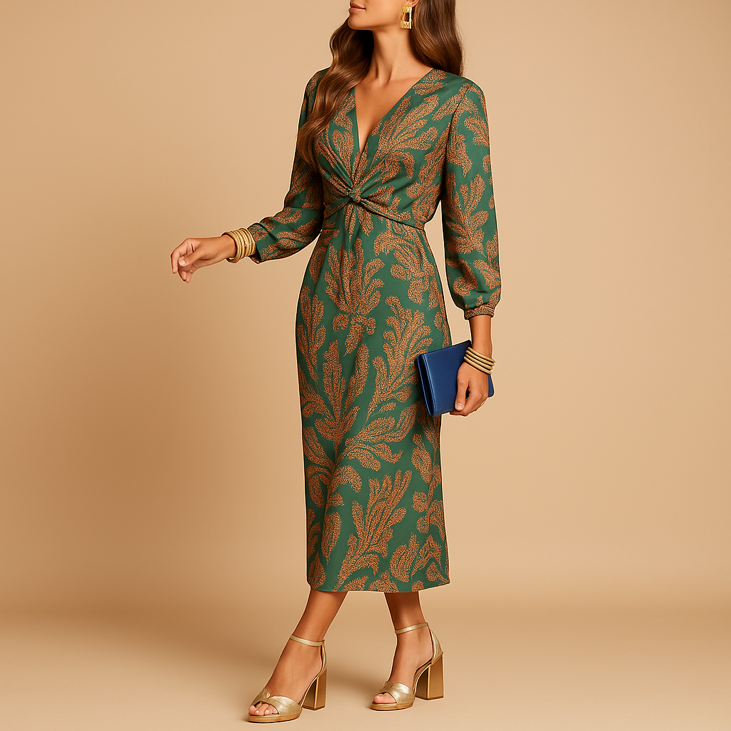 Damen Kleid | V-Ausschnitt mit Langarm und Taillenknoten