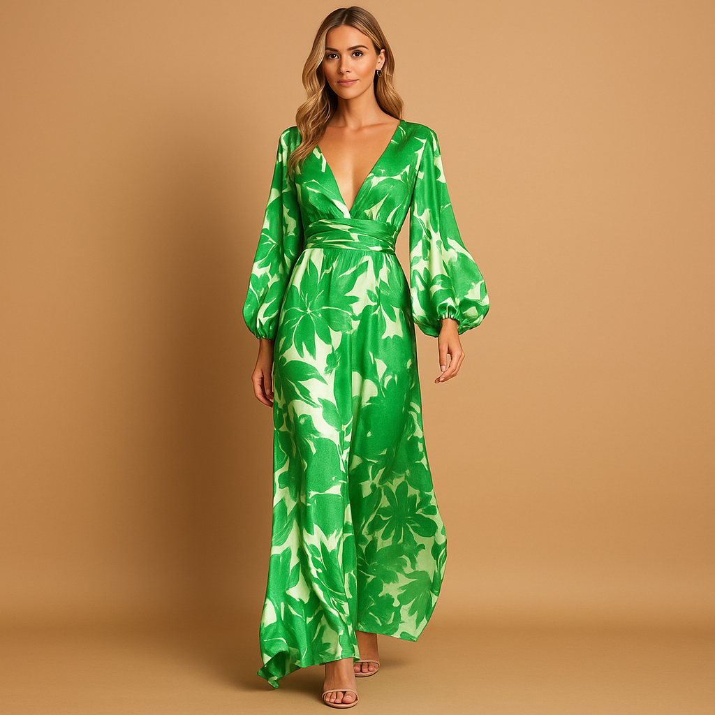 Damen Kleid | V-Ausschnitt mit Taillenband und langer Rockform