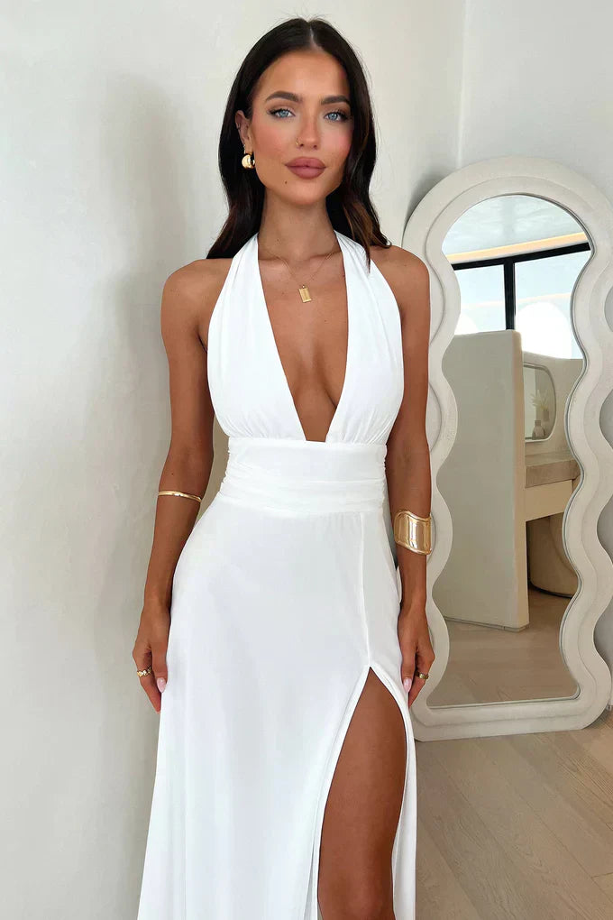 Kleid Damen | Halterneck Ausschnitt mit seitlichem Beinschlitz