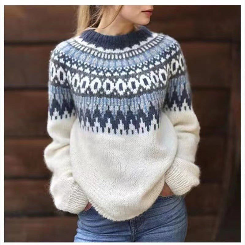 Damen Strickpullover | Norweger-Muster mit Rundhalsausschnitt
