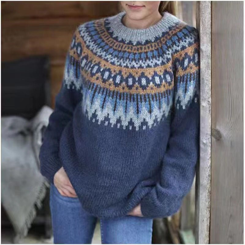 Damen Strickpullover | Norweger-Muster mit Rundhalsausschnitt