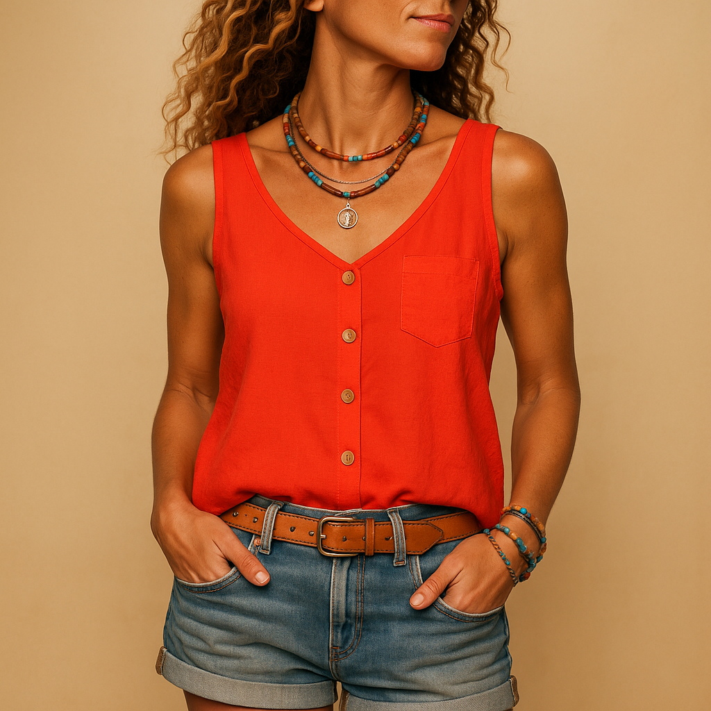 Top Damen | V-Ausschnitt mit Frontknopfleiste