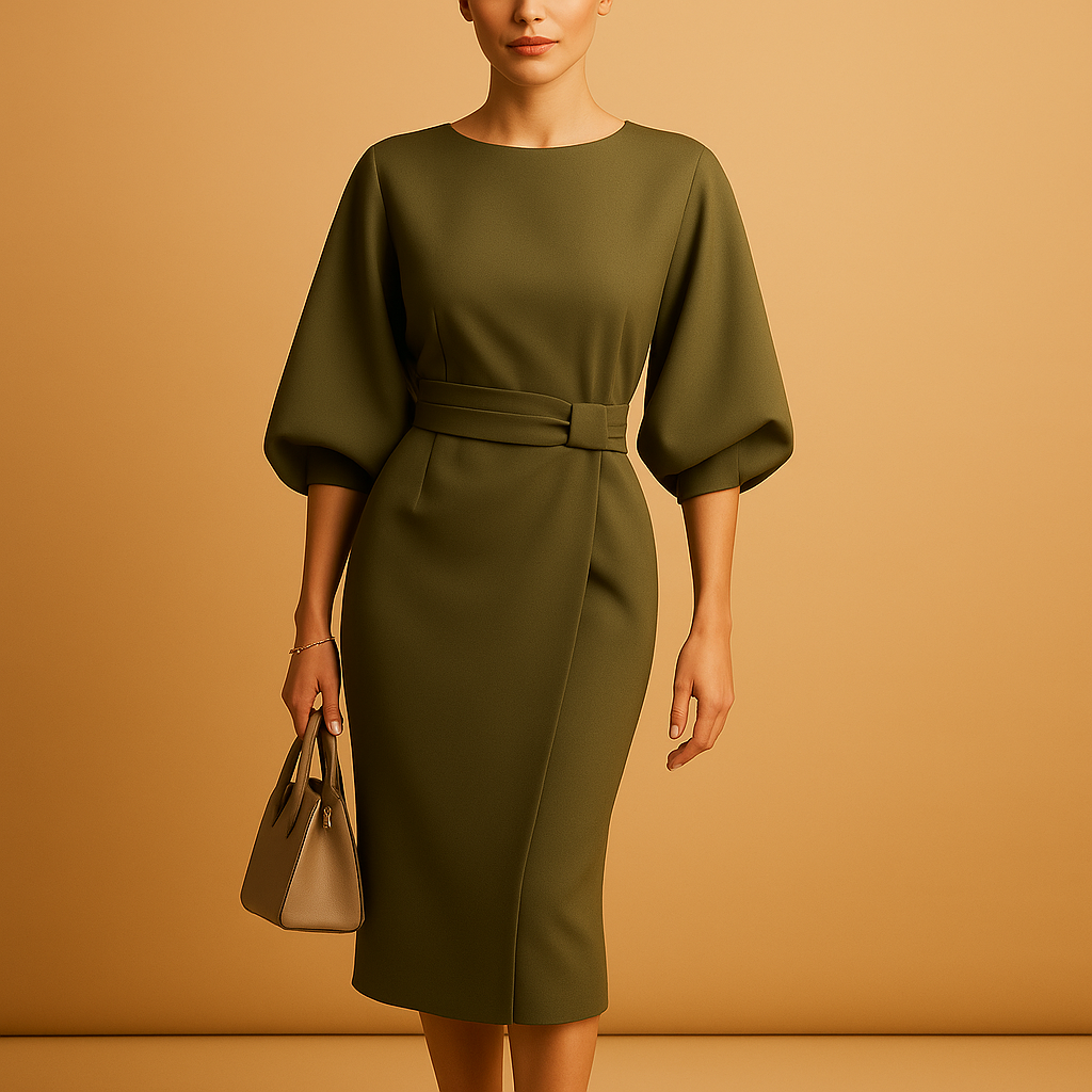 Damen Kleid | Midi-Silhouette mit Gürtel und ausgestelltem Rock