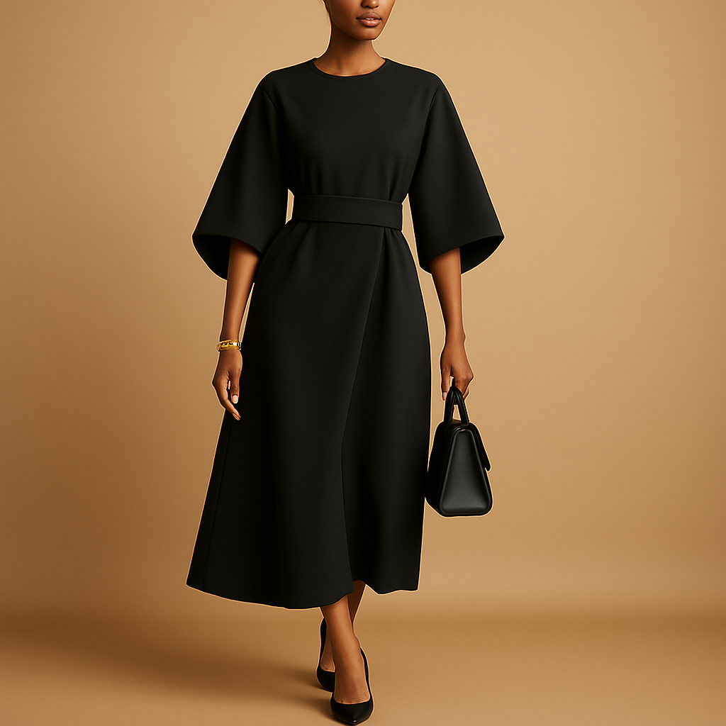 Damen Kleid | Midi-Silhouette mit Gürtel und ausgestelltem Rock